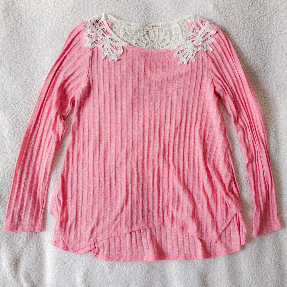 Pink Asymmetrical Lace Long Sleeve Tunic Top